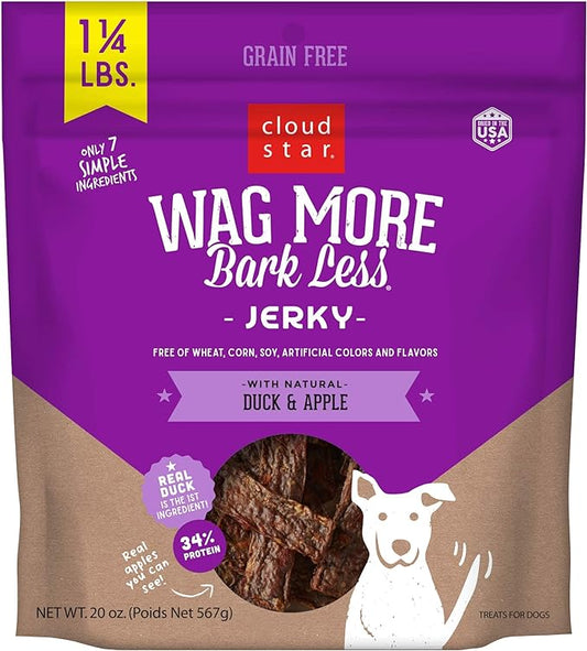 Cloud Star Wag More Bark Less Grain Free Jerky Dog Treat, Meat Treats Made in The USA, Duck & Apple 20 oz.