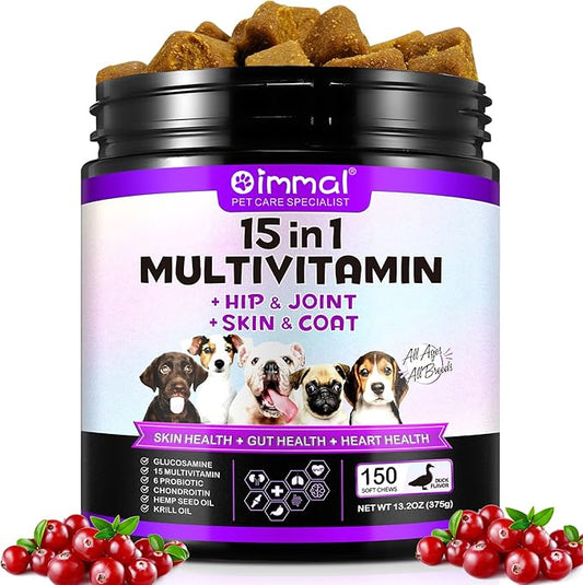 Dog 15-in-1 Multivitamin Chewable, Dog Vitamins & Supplements, Pet Joint Support Health - Immunity - Mobility - Gut - Skin, Dog Vitamins with Biotin, Cranberry, Glucosamine for Dogs (150 Chews)