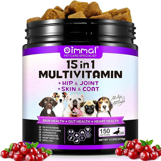 Dog 15-in-1 Multivitamin Chewable, Dog Vitamins & Supplements, Pet Joint Support Health - Immunity - Mobility - Gut - Skin, Dog Vitamins with Biotin, Cranberry, Glucosamine for Dogs (150 Chews)