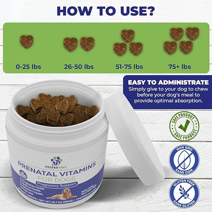 Prenatal Multivitamin Soft Chews for Dogs, 90 Count - Dog Prenatal Vitamins with Folic Acid, Zinc, and Calcium - Supports Milk Production - Delicious Chicken Flavor