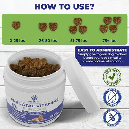 Prenatal Multivitamin Soft Chews for Dogs, 90 Count - Dog Prenatal Vitamins with Folic Acid, Zinc, and Calcium - Supports Milk Production - Delicious Chicken Flavor