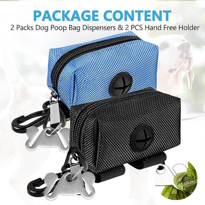 2Packs Dog Poop Bag Holder for Leash Attachment Dog Poop Bag Dispenser Dog Waste Bag Dispensers for Leash Accessory Dog Poop Bag Holders Dispensers & Hand Free Holder Metal Carriers, Black & Blue