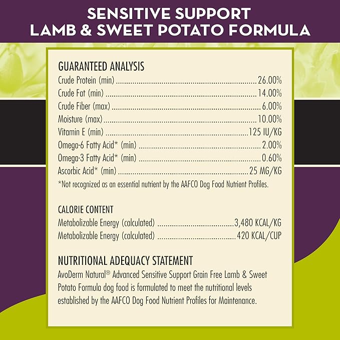 AvoDerm Advanced Sensitive Support Grain-Free Lamb & Sweet Potato Formula Dry Dog Food, Sensitive Stomach, 22lb