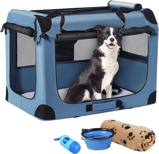 Portable Dog Crate, Collapsible Dog Travel Crate 32x23x23 with Soft Blanket Foldable Bowl and a Poop Bag with Dispenser for Medium & Large Dogs