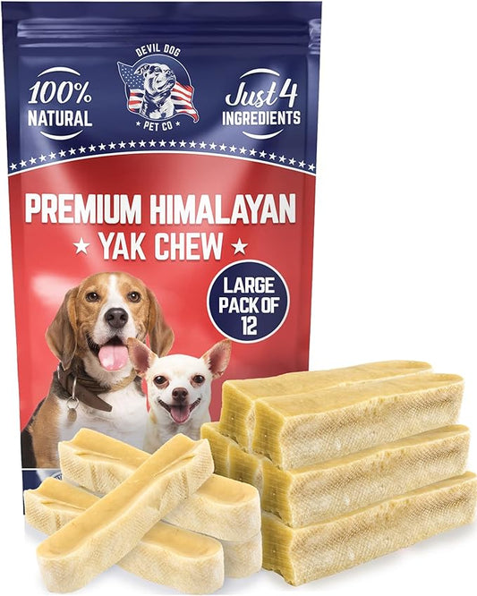 Devil Dog Pet Co. Himalayan Yak Chews – Large 12 Pack, Yak Cheese Dog Chews, 100% Natural & Healthy, Odor Free, Long Lasting, Yak Chew Treats – Premium Yak Milk Dog Chew, Yak Bones for Dogs