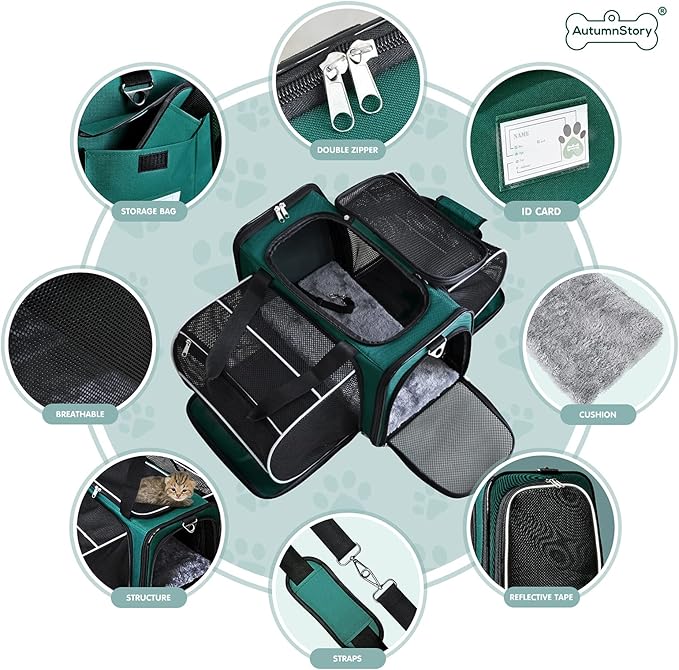 Cat Carrier, Pet Carrier Airline Approved, 2 Sides Expandable Dog Carrier, Soft-Sided Collapsible Dog Travel Bag with Removable Fleece Pad for Cats, Puppy and Small Animals (Green)