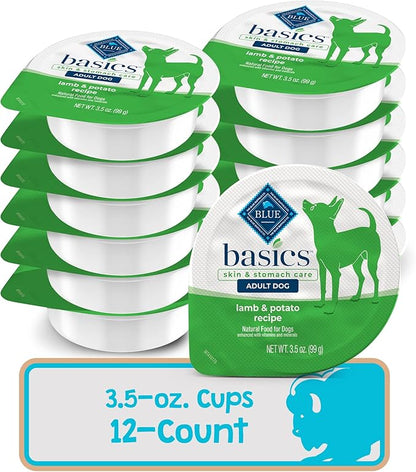 Blue Buffalo Basics Adult Small Breed Grain-Free Wet Dog Food for Skin & Stomach Care, Limited Ingredient Diet, Lamb Recipe, 3.5-oz. Cups (12 Count)