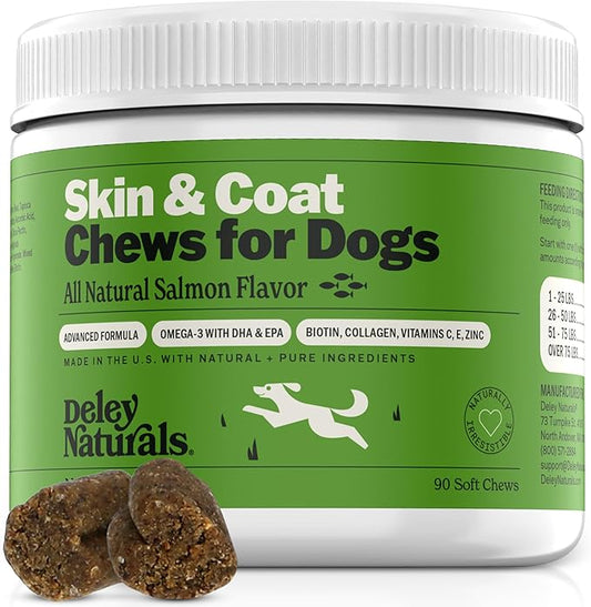 Deley Naturals Omega Skin and Coat Chews, Omega 3 Fish Oil with DHA & EPA, Biotin, Collagen, Vitamins C, E, and Zinc, Supports Shiny Coat, Allergies, Itching, Salmon Flavor, 90 Chews—Made in The USA