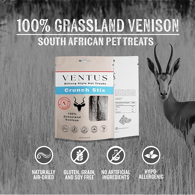 Biltong Style Venison Jerky Crunch Stix for Pets, Ultra Premium Single Ingredient All Natural Air Dried Dog Jerky Sticks, 8 oz