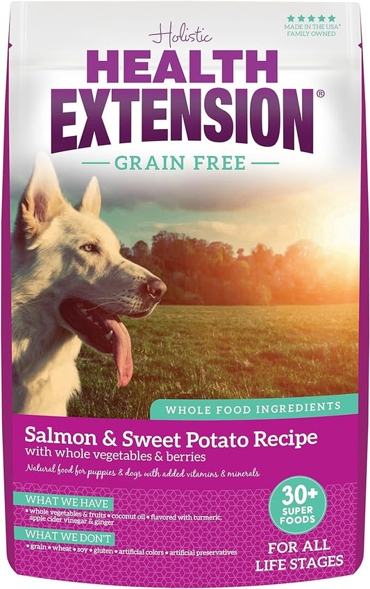 Health Extension Dry Dog Food, Natural Food with added Vitamins & Minerals, Suitable for All Puppies, Grain Free, Salmon & Sweet Potato Recipe with Whole Vegetable & Berries (1 Pound)