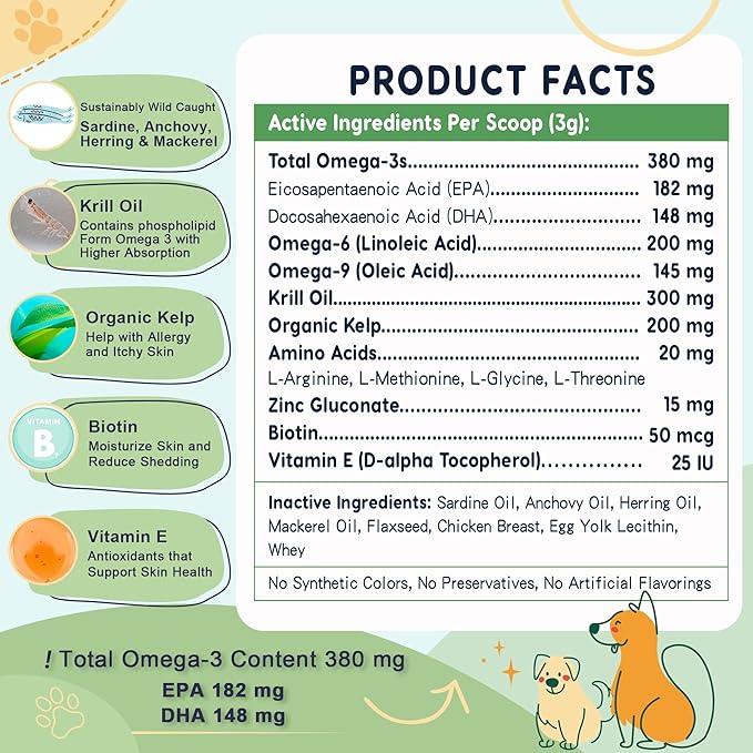 Omega 3 Fish Oil for Dogs, Dog Fish Oil Powder, Wild Caught Fish Oil, EPA&DHA, Krill Oil, Kelp, Dog Skin and Coat Supplement, Anti Itch & Shedding, Support Dry Skin, Joint Health, 88 Servings