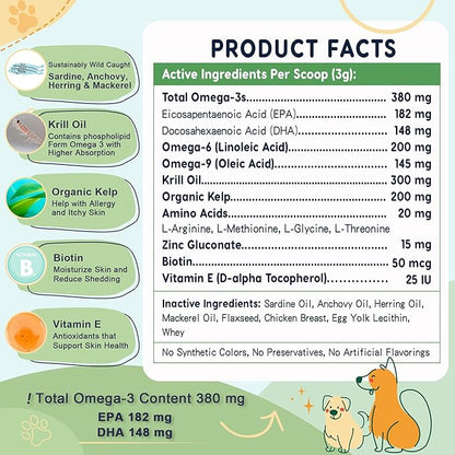 Omega 3 Fish Oil for Dogs, Dog Fish Oil Powder, Wild Caught Fish Oil, EPA&DHA, Krill Oil, Kelp, Dog Skin and Coat Supplement, Anti Itch & Shedding, Support Dry Skin, Joint Health, 88 Servings
