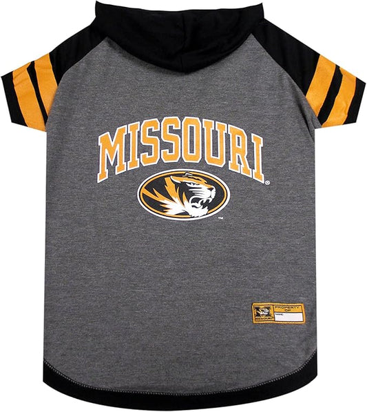 NCAA MISSOURI TIGERS HOODIE for DOGS & CATS, LARGE COLLEGIATE Licensed DOG HOODY Tee Shirt. Sports HOODY T-Shirt for Pets. COLLEGE Sporty Dog Hoodie Shirt.