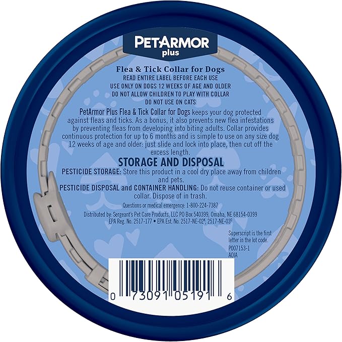 PetArmor Plus Flea & Tick Collar for Dogs, Kills Fleas & Ticks, Long Lasting Protection for 6 Months, Water Resistant, One Size Fits All, 1 Collar