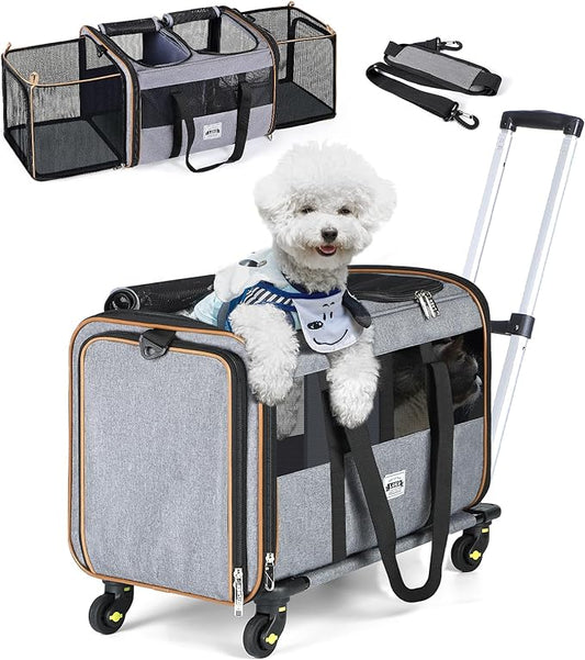 Lekereise Cat Dog Carrier with Wheels for 2 Cats, Expandable Double Cat Carrier with Wheels, Large Rolling Pet Carrier for 1 Large Cat/Dog or 2 Medium Cats, Wheeled Pet Carrier with Telescopic Handle