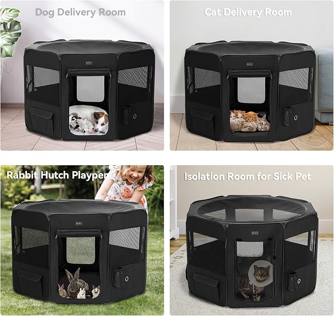 PETSFIT Dog Playpen, 45.5" Sturdy Pop Up Dog Kennel Foldable Dog Pen Indoor Outdoor Puppy Playpen for Medium Dogs Cats with Traveling Bag Zipper Sealed Removable Mesh Top Leakproof Bottom Mat Black L
