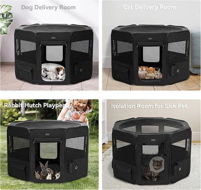PETSFIT Dog Playpen, 45.5" Sturdy Pop Up Dog Kennel Foldable Dog Pen Indoor Outdoor Puppy Playpen for Medium Dogs Cats with Traveling Bag Zipper Sealed Removable Mesh Top Leakproof Bottom Mat Black L