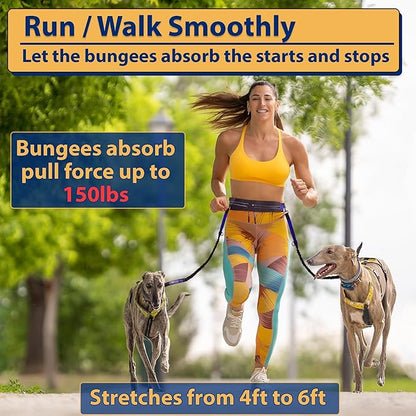 Hands Free Dog Leash for 2 dogs - 2 Convenient Pouches on This Nifty Hands Free Leash - Padded Handles and 2 Tough Bungees - Perfect waist leash for dog walking, running or adventuring