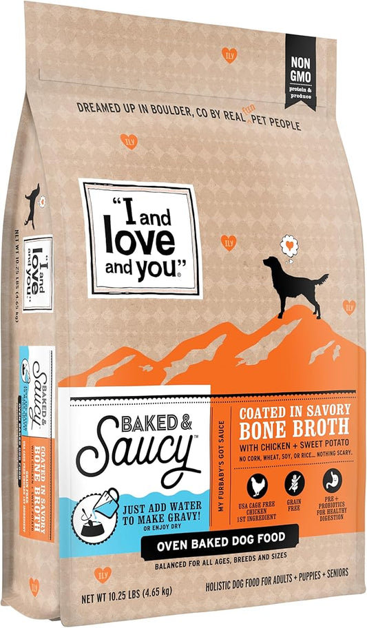 I AND LOVE AND YOU Baked and Saucy Dry Dog Food - Chicken + Sweet Potato - Prebiotic + Probiotic, Real Meat, Grain Free, No Fillers, 10.25lb Bag