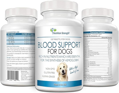 Blood Support for Dogs, Supplement for Anemia in Dogs, Promotes Red Blood Cell Health, with a High Level of Iron, Vitamin B12, Organic Spirulina and Purpurea, 120 Chewable Tablets
