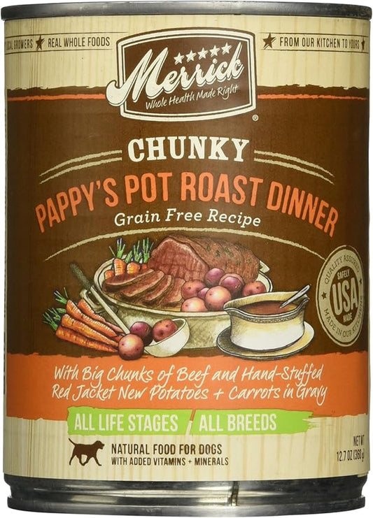 Merrick Chunky Grain Free Pappy's Pot Roast Dinner Canned Dog Food,12 Count, 12.7-oz Can