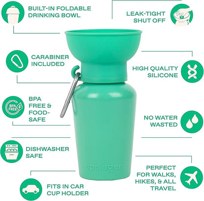 Springer Flip Portable Dog Water Bottle with Foldable Food Grade Silicone Bowl - 20 Ounce Travel Dog Water Bottle Ideal for Camping - Easy Squeeze Hydration & Release to Drain