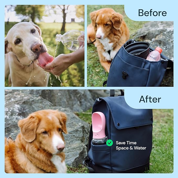 MalsiPree Dog Water Bottle Portable – Leak Proof and Lightweight Water Bottle for Dogs – Dog Travel Water Bottle with Bowl – Dog Walking Accessories (12OZ, Pink)