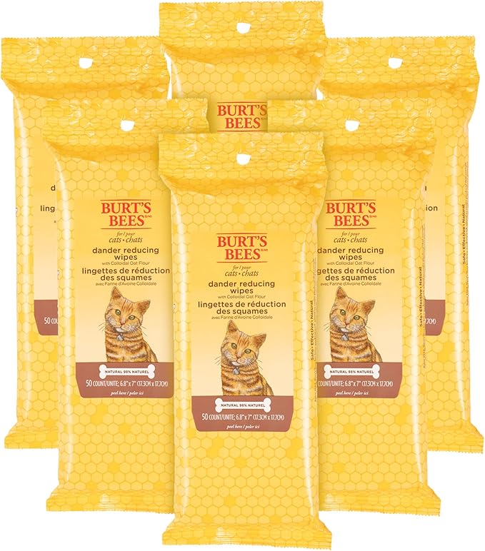Burt's Bees for Pets Cat Naturally Derived Dander Reducing Wipes - Kitten and Cat Wipes for Grooming - Cruelty Free, Formulated without Sulfates and Parabens, Made in the USA, 50 Count - 6 Pack