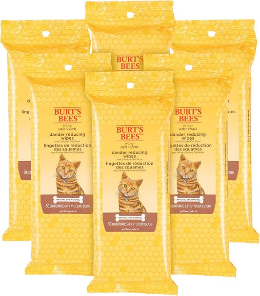 Burt's Bees for Pets Cat Naturally Derived Dander Reducing Wipes - Kitten and Cat Wipes for Grooming - Cruelty Free, Formulated without Sulfates and Parabens, Made in the USA, 50 Count - 6 Pack