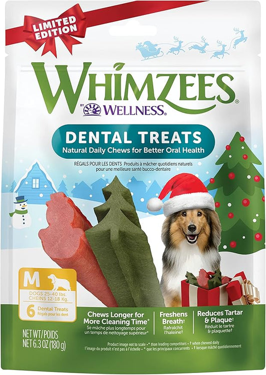 Whimzees by Wellness Holiday Natural Grain Free Dental Chews for Dogs, Medium Breed, 6 count