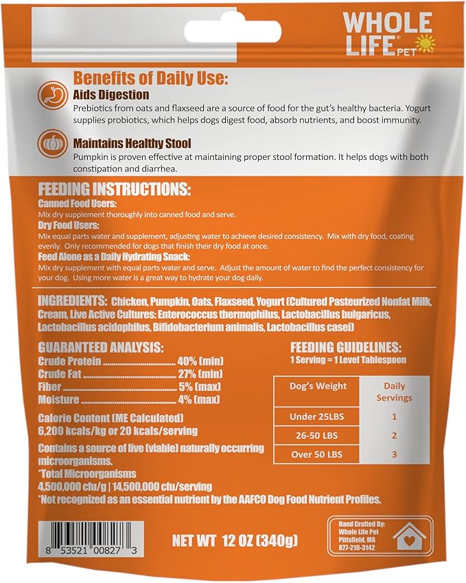 Whole Life Pet Healthy Gut Daily Supplement for Dogs – Probiotics, Prebiotics, Pumpkin. Helps Digestion + Stool Formation. Mixes in Food or with Water for Hydrating Snack