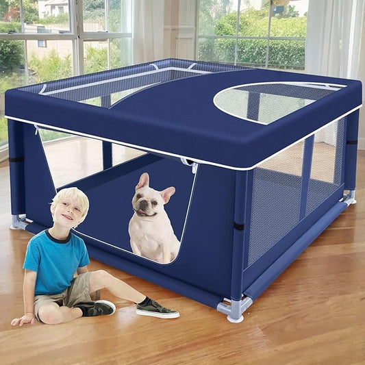 42x42x25.6 Inch Puppy Playpen with Cover, Dog Playpen for Puppies or Small Dogs, Dog Fence Pet Playpen for Indoor & Outdoor, Sturdy Safety Dog Pen with Thickened Fabric, High-Strength Nylon Wire Mesh