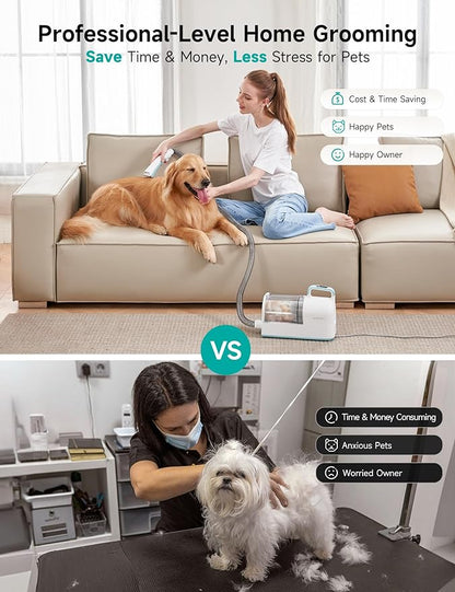 Hicozy S1+ Dog Grooming Vacuum, Minimum 45dB Pet Friendly Cozy Mode™, 12Kpa/120V AC Dog Hair Vacuum with 2L Dust Cup, 6 Professional Grooming Tools Pet Vacuum Grooming Kit, Blue
