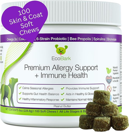 EcoBark Natural Dog Allergy & Immune Chews with Super Greens- Omega 3 Skin and Coat Supplements for Dogs - Gluten Free Probiotic Allergy Support & Relief for a Shiny Coat with Colostrum & Bee Propolis