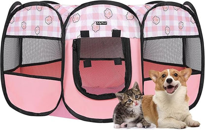 Foldable Dog Playpen Cat Puppy Playpen Indoor Pop Up Pet Animal Playpen Outdoor Kennel Cage Pen Tent for Small Medium Dog Puppy Cat Kitten Rabbit - Small, Pink