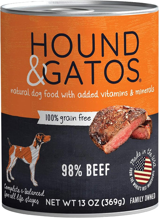 Hound & Gatos Wet Dog Food, 98% Beef, case of 12, 13 oz cans
