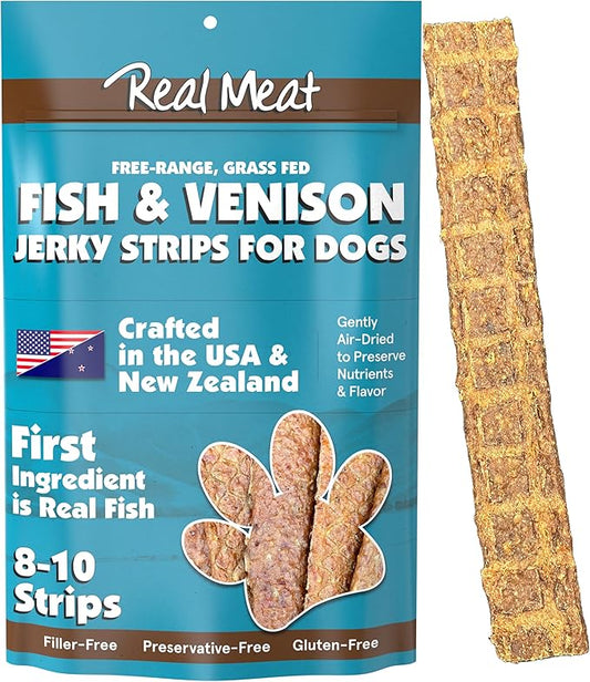Real Meat Fish & Venison Jerky Dog Treats - 8 Air-Dried Strips of Jerky Treats for Dogs - Grain-Free Jerky Treats Dog Snacks with 95% Human-Grade, All-Natural, Free-Range Venison & Ocean-Caught Fish
