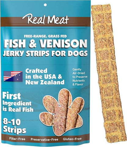 Real Meat Fish & Venison Jerky Dog Treats - 8 Air-Dried Strips of Jerky Treats for Dogs - Grain-Free Jerky Treats Dog Snacks with 95% Human-Grade, All-Natural, Free-Range Venison & Ocean-Caught Fish