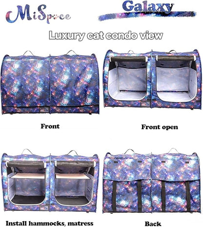 Mispace Portable Twin Compartment Show House Cat Cage/Condo - Easy to Fold & Carry Kennel - Comfy Puppy Home & Dog Travel Crate with Portable Carry Bag/Two Hammocks/Mats and Collapsible Litter Box