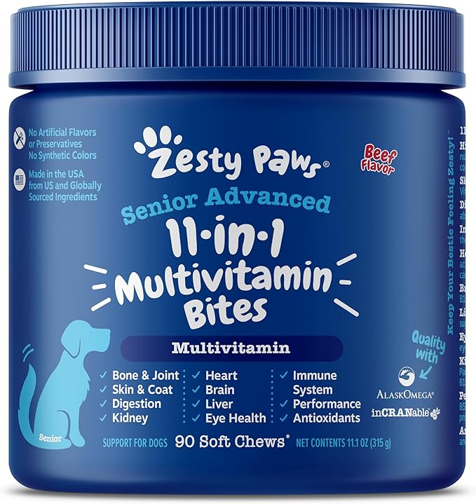 Zesty Paws Multivitamin Treats for Dogs - Glucosamine Chondroitin for Joint Support + Digestive Enzymes & Probiotics - Grain Free Dog Vitamin for Skin & Coat + Immune Health - Beef - Advanced - 90ct