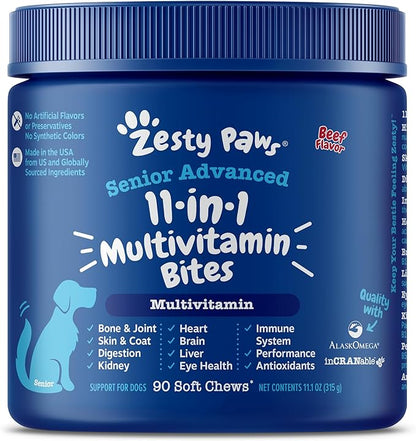 Zesty Paws Multivitamin Treats for Dogs - Glucosamine Chondroitin for Joint Support + Digestive Enzymes & Probiotics - Grain Free Dog Vitamin for Skin & Coat + Immune Health - Beef - Advanced - 90ct