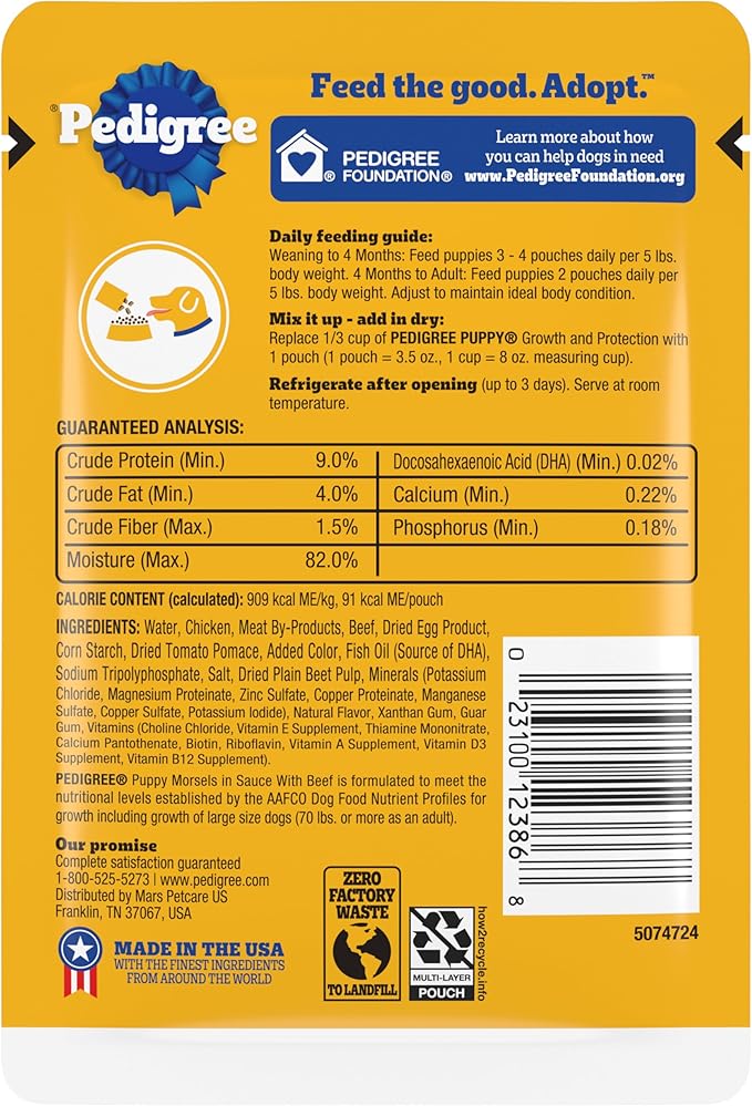 Pedigree Puppy Soft Wet Dog Food Morsels in Sauce with Beef, 3.5 oz Pouches, Pack of 16