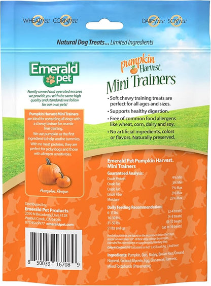 Emerald Pet Pumpkin Mini Trainers Dog Treats, 6 oz - Support Healthy Digestion, Allergen-Friendly, Vegetarian, Low-Fat, Grain Free, Made in USA