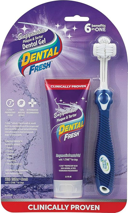Dental Fresh Enzymatic Gel Dog Tooth Brushing Kit, Includes Triflex Toothbrush – Dog Toothbrush and Toothpaste for Dog Teeth Cleaning