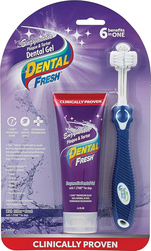 Dental Fresh Enzymatic Gel Dog Tooth Brushing Kit, Includes Triflex Toothbrush – Dog Toothbrush and Toothpaste for Dog Teeth Cleaning