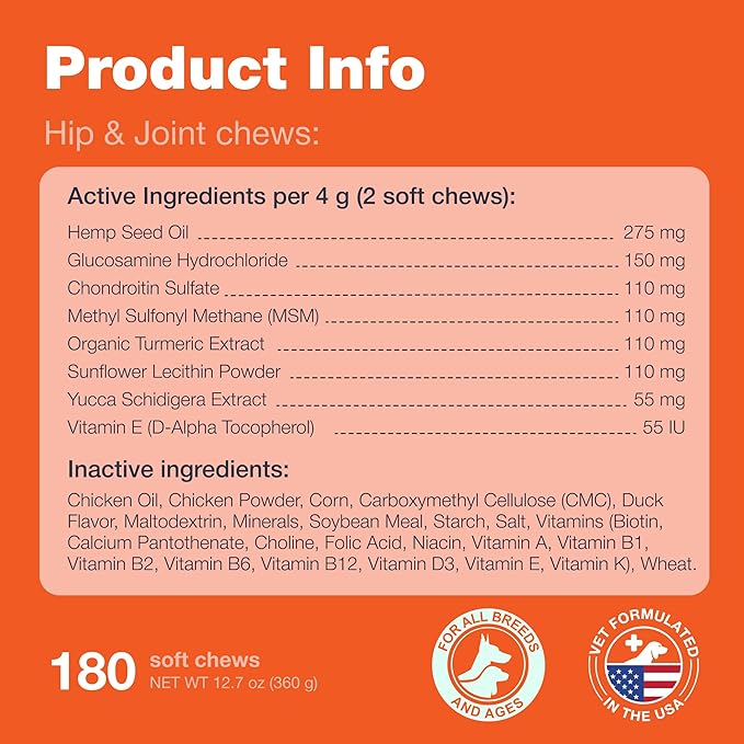 Glucosamine for Dogs - Hip and Joint Supplement Dogs - Glucosamine Chondroitin Dog Chews with MSM - Dog Hip and Joint Supplement - Hemp Hip and Joint Chews for Dogs - Mobility, Skin & Coat Health