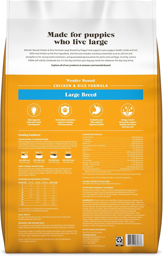 Amazon Brand - Wonder Bound Large Breed, Puppy Dry Dog Food, Chicken & Rice, 30 pound (Pack of 1)