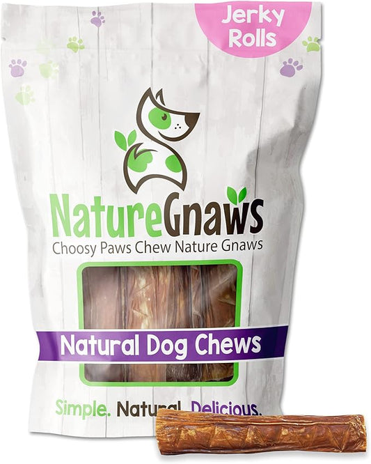 Nature Gnaws Beef Jerky Stuffed Rolls for Dogs - Single Ingredient Beef Gullet Chew Treats - Simple Natural Delicious Dog Chews - Training Reward - 5 Inch - 6 Count