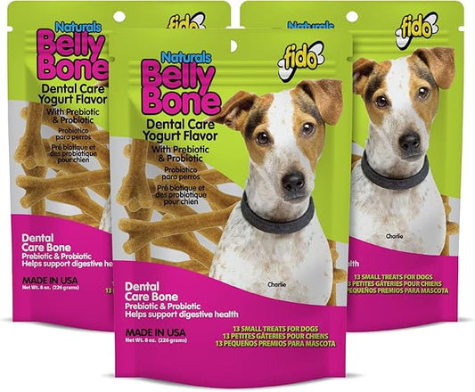 NATURALS Belly Bones for Dogs, Yogurt Flavored Small Dog Dental Treats - 13 Treats Per Pack (3 Pack) - Made in USA, Plaque & Tartar Control, for Fresh Breath and Digestive Health Support