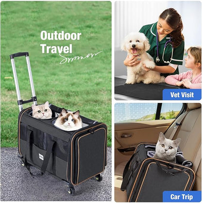 Lekereise Cat Dog Carrier with Wheels for 2 Cats, Expandable Double Cat Carrier with Wheels, Large Rolling Pet Carrier, Wheeled Pet Carrier with Telescopic Handle, Black